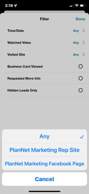 Lead Filter Shared Websites Screen Lead Filter Website