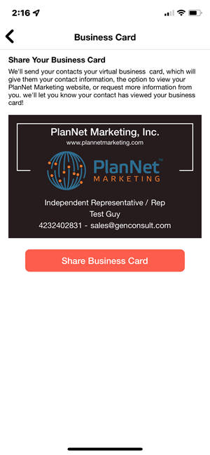 Lead Share Business Card Screen Lead Share Business Card