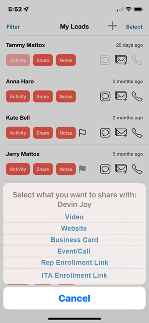 Lead Share Options Screen Lead Share